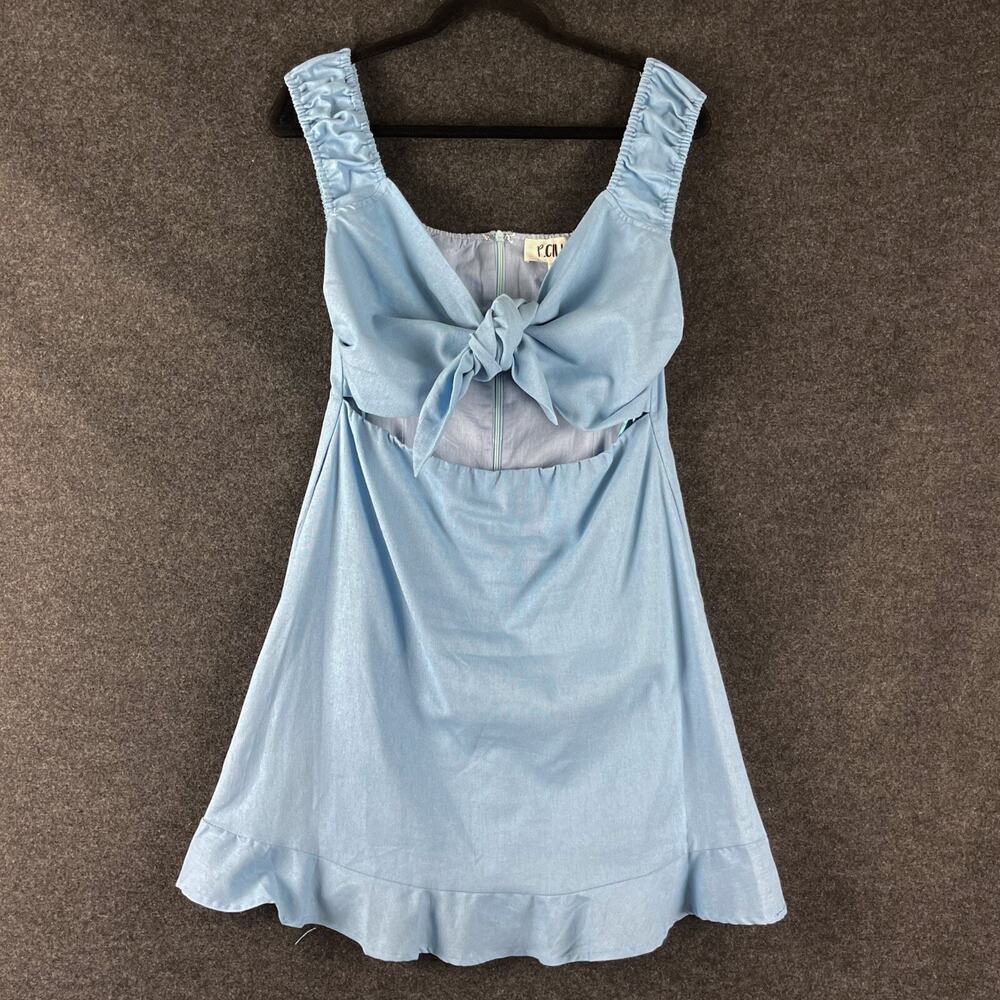 P Cill Linen Blend Mini Dress Womens‎ Large Blue Tie Front Ruffle Cut Out NEW